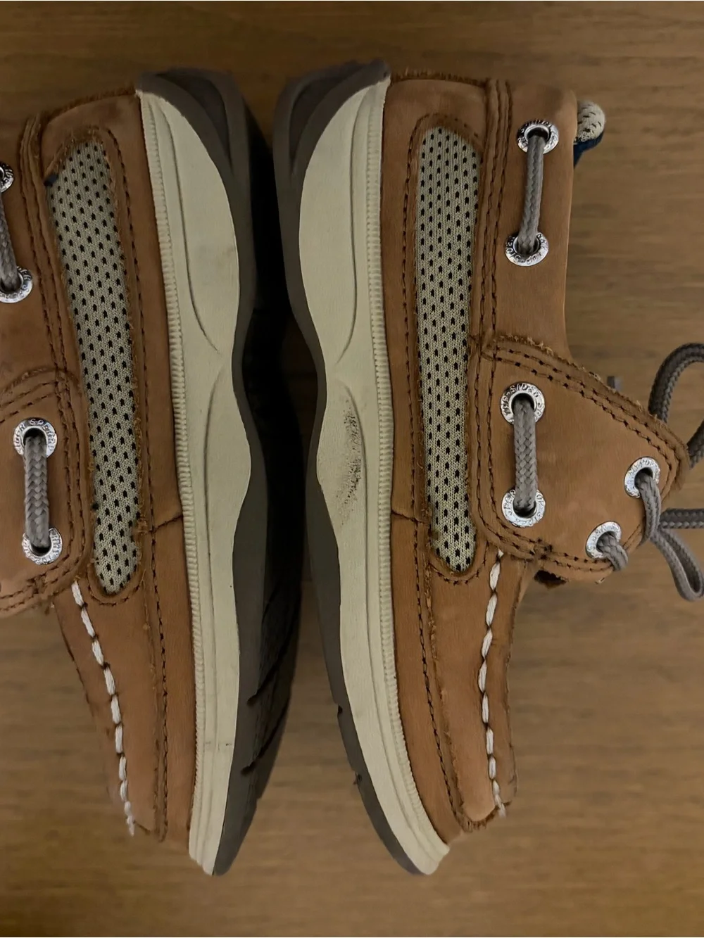 Sperry Toddler Tan Leather Moccasin Boat Shoes with Gray Laces